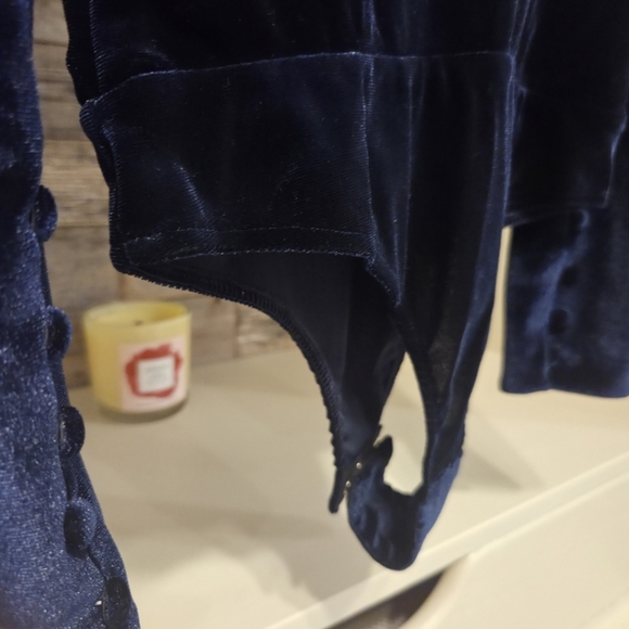 Misa Los Angeles Elegant Blue Velvet Fitted Ruched Bodysuit W/ Puffed Shoulders - Picture 10 of 11